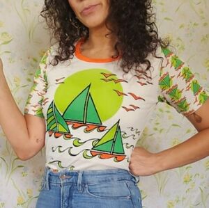 1970s  Poly T Shirt Sailboat Print